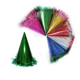 Колпачок праздничный фольга с дождиком 16см, цвета в ассортименте
