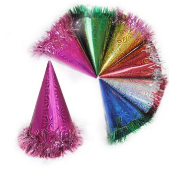 Колпачок праздничный фольга с дождиком 24см, цвета в ассортименте